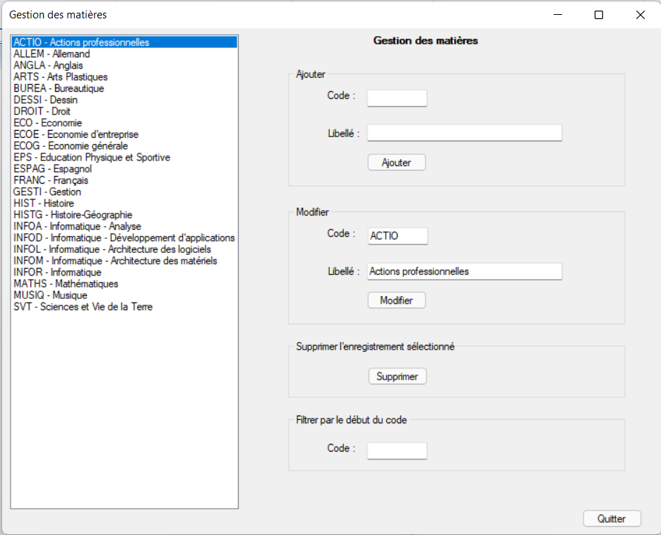 Interface graphique de l'application