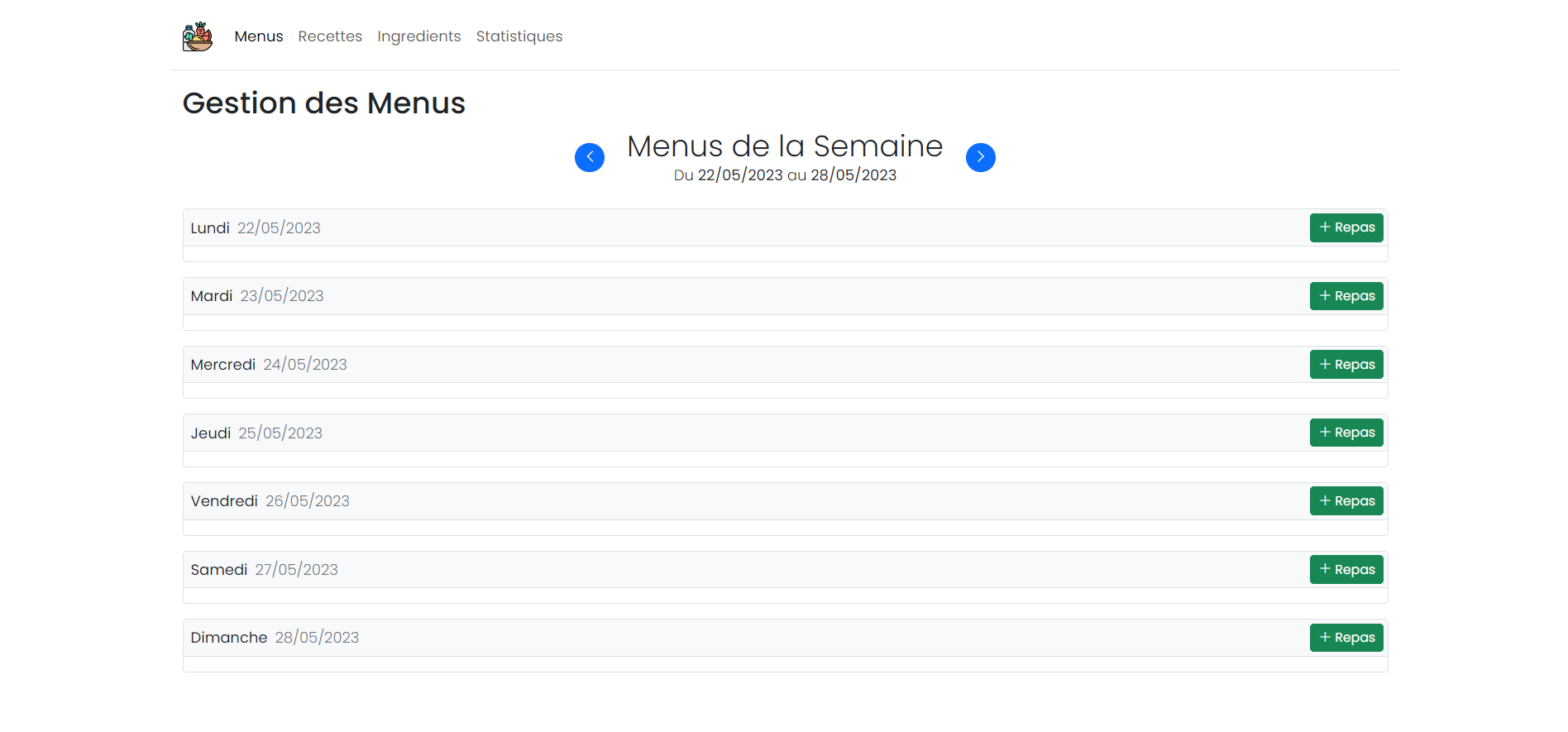 Image de la page d'accueil de l'application de gestion de repas